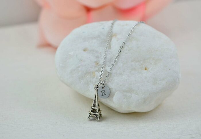 Eiffel Tower Initials Necklace, Personalised Silver Charm Engraved Necklace, Bridesmaids Wedding Engraved Initial Silver Necklace