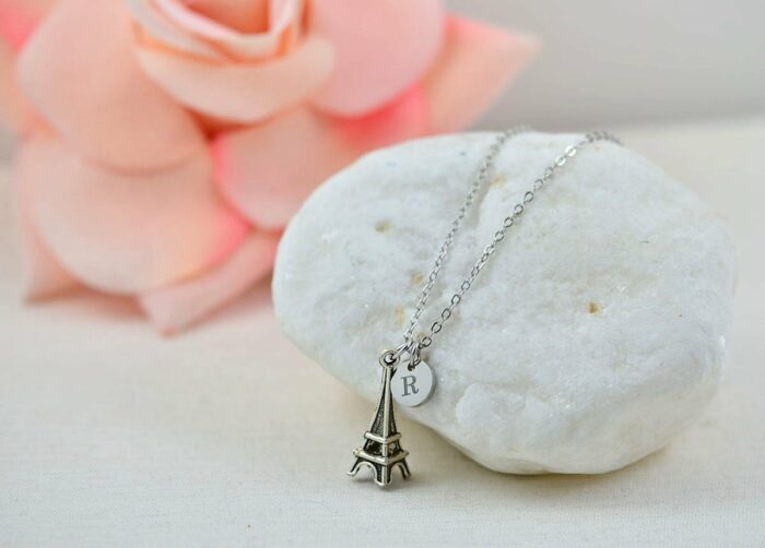 Eiffel Tower Initials Necklace, Personalised Silver Charm Engraved Necklace, Bridesmaids Wedding Engraved Initial Silver Necklace