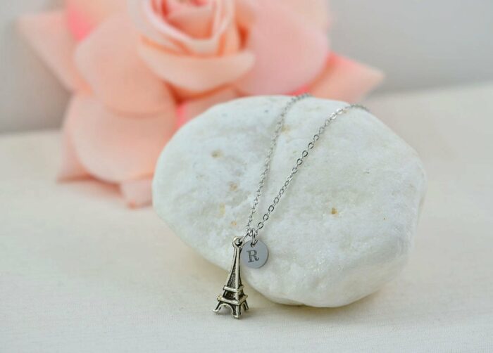 Eiffel Tower Initials Necklace, Personalised Silver Charm Engraved Necklace, Bridesmaids Wedding Engraved Initial Silver Necklace