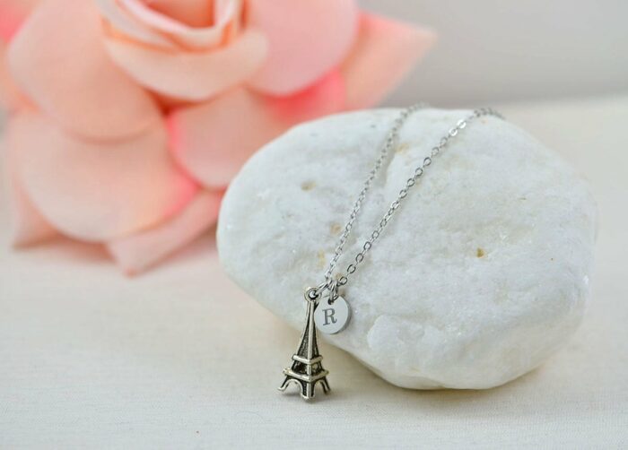 Eiffel Tower Initials Necklace, Personalised Silver Charm Engraved Necklace, Bridesmaids Wedding Engraved Initial Silver Necklace