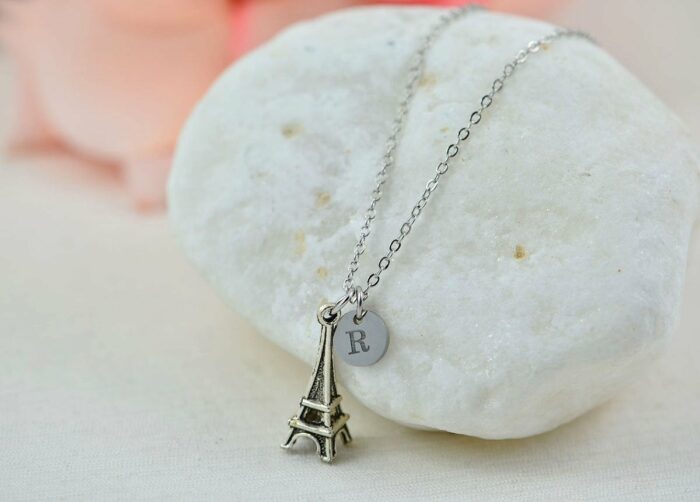 Eiffel Tower Initials Necklace, Personalised Silver Charm Engraved Necklace, Bridesmaids Wedding Engraved Initial Silver Necklace