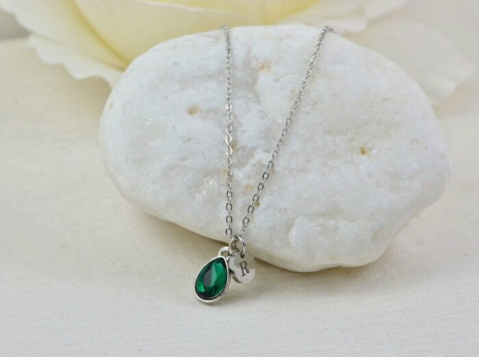 Emerald Crystal Initials Necklace, Personalised Everyday Charm Silver Necklace, Bridesmaids Wedding Engraved Initial Silver Drop Necklace