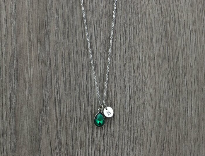 Emerald Crystal Initials Necklace, Personalised Everyday Charm Silver Necklace, Bridesmaids Wedding Engraved Initial Silver Drop Necklace