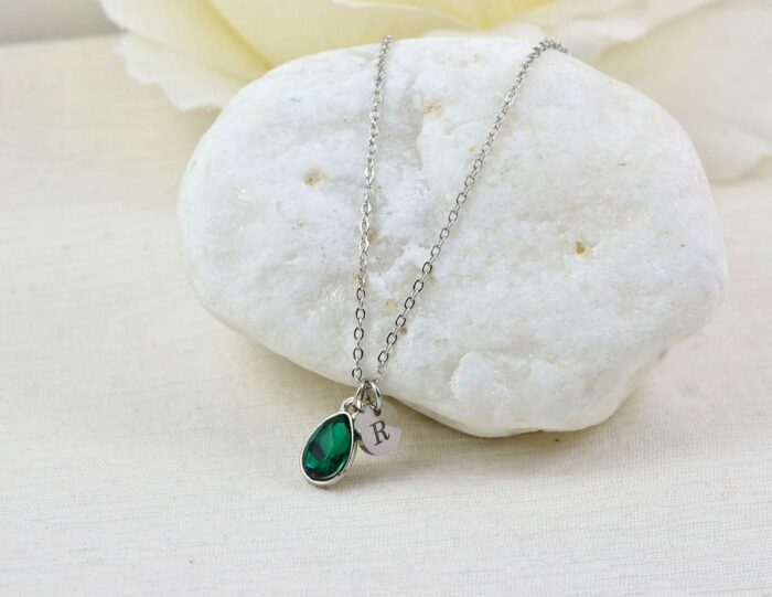 Emerald Crystal Initials Necklace, Personalised Everyday Charm Silver Necklace, Bridesmaids Wedding Engraved Initial Silver Drop Necklace