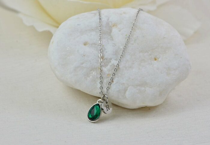 Emerald Crystal Initials Necklace, Personalised Everyday Charm Silver Necklace, Bridesmaids Wedding Engraved Initial Silver Drop Necklace