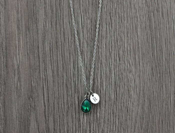 Emerald Crystal Initials Necklace, Personalised Everyday Charm Silver Necklace, Bridesmaids Wedding Engraved Initial Silver Drop Necklace