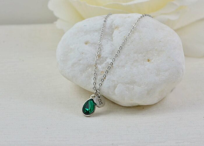 Emerald Crystal Initials Necklace, Personalised Everyday Charm Silver Necklace, Bridesmaids Wedding Engraved Initial Silver Drop Necklace