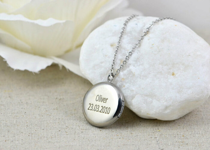 Engraved Locket Necklace, Personalised Silver Locket Necklace, Gift for Her, Memorial Present, Round Stainless Steel Silver Name Necklace