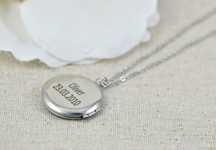 Engraved Locket Necklace, Personalised Silver Locket Necklace, Gift for Her, Memorial Present, Round Stainless Steel Silver Name Necklace