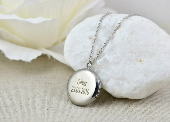 Engraved Locket Necklace, Personalised Silver Locket Necklace, Gift for Her, Memorial Present, Round Stainless Steel Silver Name Necklace