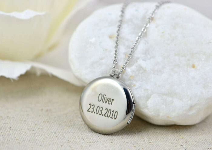 Engraved Locket Necklace, Personalised Silver Locket Necklace, Gift for Her, Memorial Present, Round Stainless Steel Silver Name Necklace