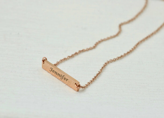 Engraved Name Rosegold Bar Necklace, Custom Personalised Rectangle Rose Gold Necklace, Staonless Steel Charm Necklace, Customised Necklace