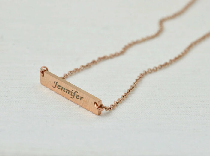 Engraved Name Rosegold Bar Necklace, Custom Personalised Rectangle Rose Gold Necklace, Staonless Steel Charm Necklace, Customised Necklace