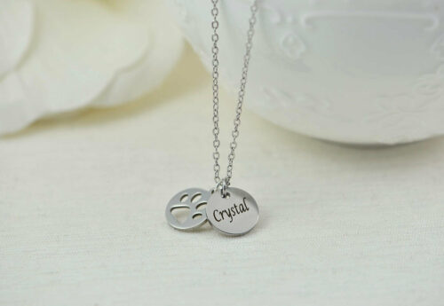 Engraved Silver Dog Paw Name Necklace