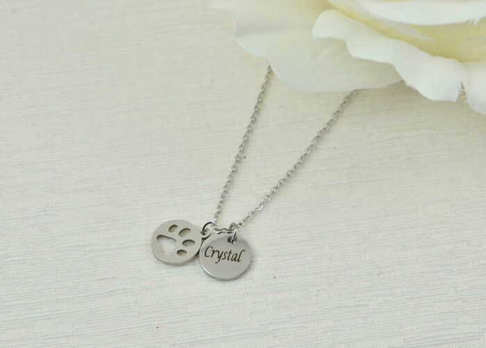 Engraved Silver Dog Paw Name Necklace, Dainty Paw Charm Necklace Jewellery, Bridesmaids Wedding Personalised Initial Silver Drop Necklace