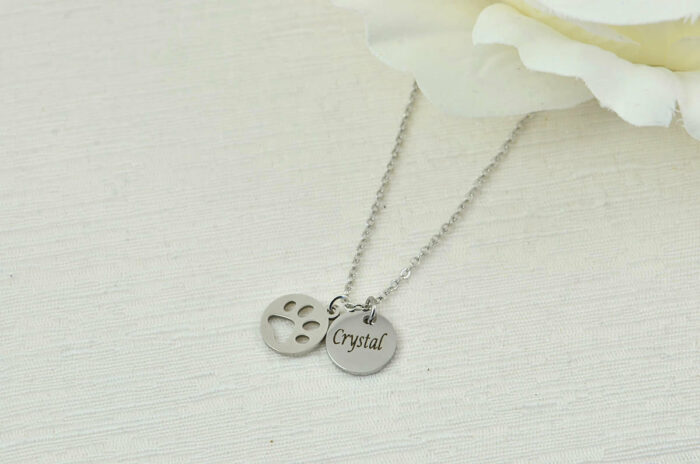 Engraved Silver Dog Paw Name Necklace, Dainty Paw Charm Necklace Jewellery, Bridesmaids Wedding Personalised Initial Silver Drop Necklace