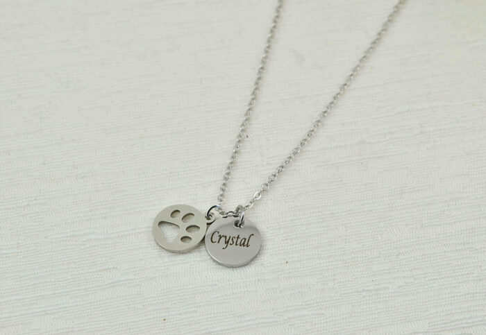 Engraved Silver Dog Paw Name Necklace, Dainty Paw Charm Necklace Jewellery, Bridesmaids Wedding Personalised Initial Silver Drop Necklace