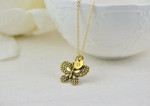 Gold butterfly Charm Initials Necklace