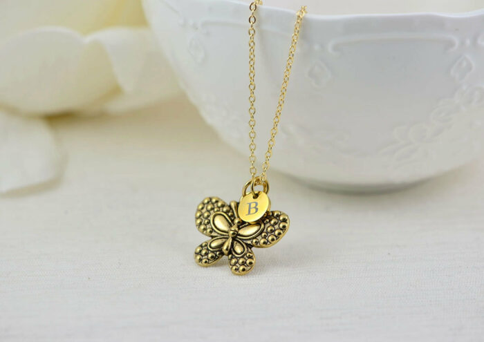 Gold butterfly Charm Initials Necklace