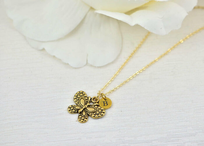 Gold butterfly Charm Initials Necklace, Bridesmaids Personalised Everyday Charm Necklace, Gift for Her, Engraved Initial Drop Necklace