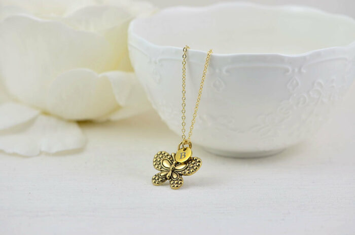 Gold butterfly Charm Initials Necklace, Bridesmaids Personalised Everyday Charm Necklace, Gift for Her, Engraved Initial Drop Necklace
