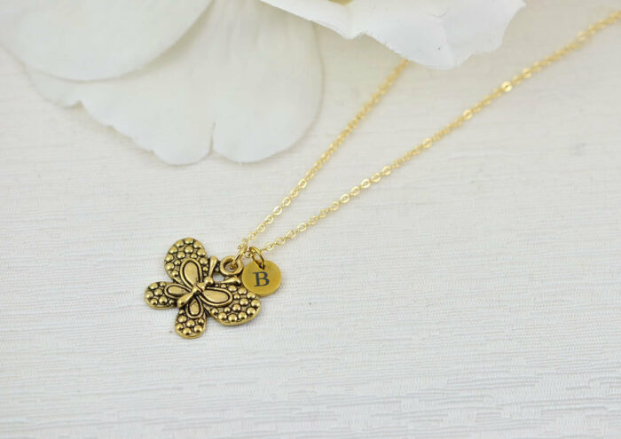 Gold butterfly Charm Initials Necklace, Bridesmaids Personalised Everyday Charm Necklace, Gift for Her, Engraved Initial Drop Necklace