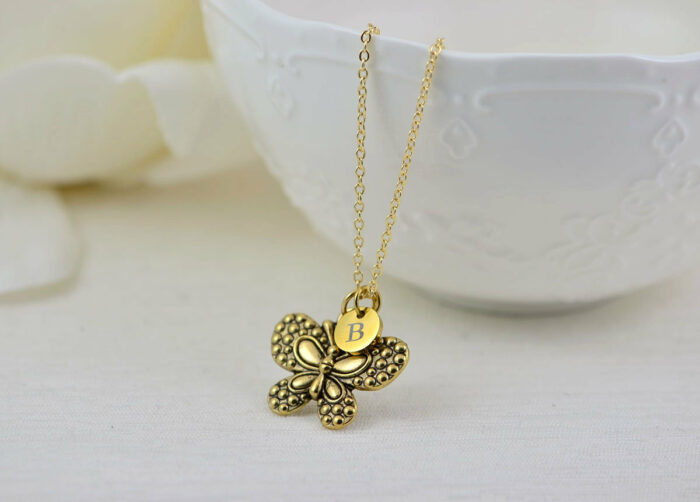 Gold butterfly Charm Initials Necklace, Bridesmaids Personalised Everyday Charm Necklace, Gift for Her, Engraved Initial Drop Necklace
