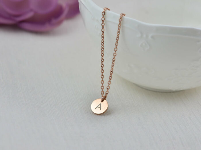 Gold Engraved Initials Necklace, Initials Personalised Necklace, Gold Letter Round Charm Necklace, Customised Silver Bridesmaids Necklace