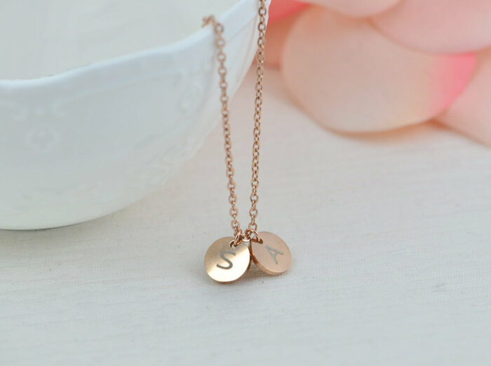 Gold Engraved Initials Necklace, Initials Personalised Necklace, Gold Letter Round Charm Necklace, Customised Silver Bridesmaids Necklace