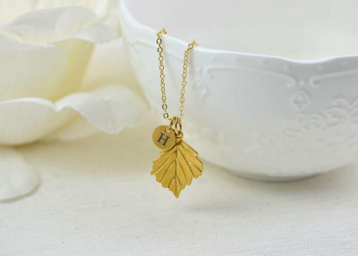 Gold Initials Leaf Charm Necklace, Bridesmaids Personalised Everyday Simple Charm Necklace, Gift for Her, Engraved Initial Drop Necklace