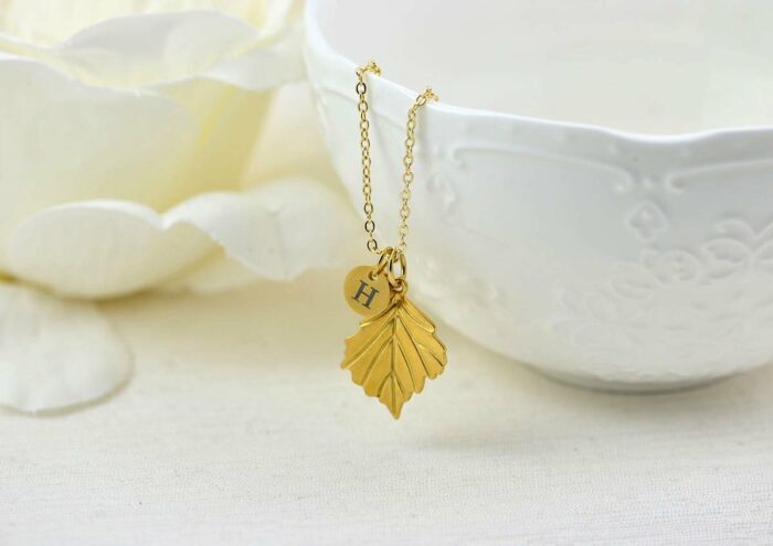 Gold Initials Leaf Charm Necklace, Bridesmaids Personalised Everyday Simple Charm Necklace, Gift for Her, Engraved Initial Drop Necklace