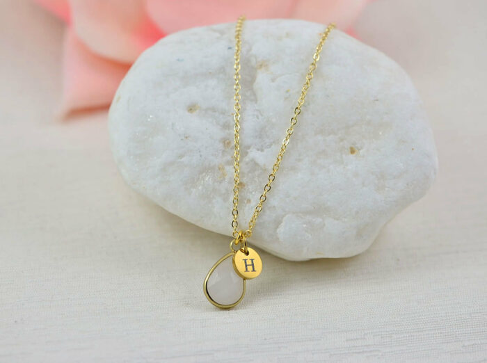 Gold Light Pink Initials Necklace, Personalised Everyday Crystal Charm Necklace, Gift for Her, Mother's Day Engraved Initial Drop Necklace