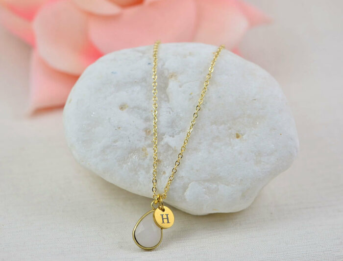 Gold Light Pink Initials Necklace, Personalised Everyday Crystal Charm Necklace, Gift for Her, Mother's Day Engraved Initial Drop Necklace