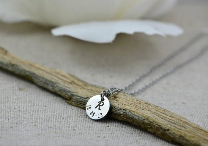 Initials and Date Personalised Necklace, Initials Engraved Custom Necklace, Silver Round Charm Necklace Customised Bridesmaids Gift Necklace