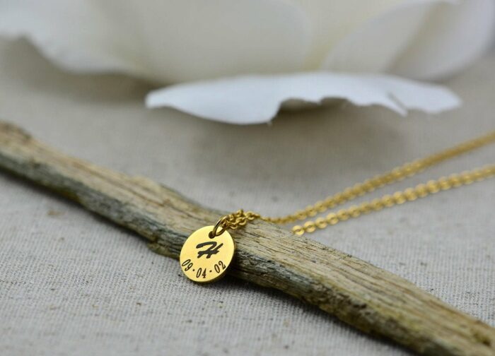 Initials and Date Personalised Necklace, Initials Engraved Custom Necklace, Silver Round Charm Necklace Customised Bridesmaids Gift Necklace