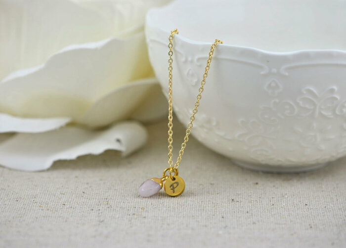 Initials Pink Gemstone Necklace, Personalised Dainty Jade Gemstone Charm Necklace, Bridesmaids Wedding Name Engraved Gold Drop Necklace