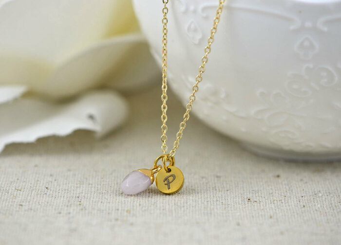 Initials Pink Gemstone Necklace, Personalised Dainty Jade Gemstone Charm Necklace, Bridesmaids Wedding Name Engraved Gold Drop Necklace