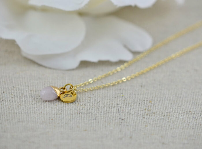 Initials Pink Gemstone Necklace, Personalised Dainty Jade Gemstone Charm Necklace, Bridesmaids Wedding Name Engraved Gold Drop Necklace