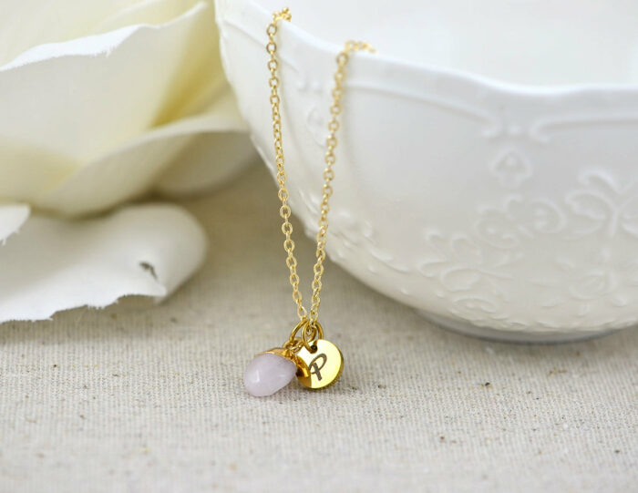 Initials Pink Gemstone Necklace, Personalised Dainty Jade Gemstone Charm Necklace, Bridesmaids Wedding Name Engraved Gold Drop Necklace