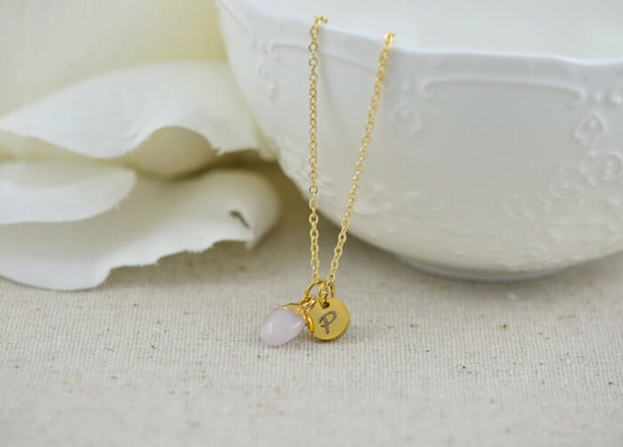 Initials Pink Gemstone Necklace, Personalised Dainty Jade Gemstone Charm Necklace, Bridesmaids Wedding Name Engraved Gold Drop Necklace