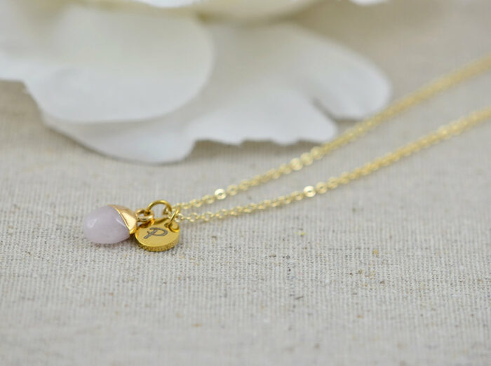Initials Pink Gemstone Necklace, Personalised Dainty Jade Gemstone Charm Necklace, Bridesmaids Wedding Name Engraved Gold Drop Necklace