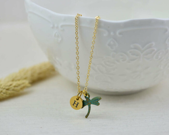 Patina Initials Dragonfly Charm Necklace, Gold Personalised Everyday Turquoise Charm Necklace, Gift for Her, Engraved Initial Drop Necklace