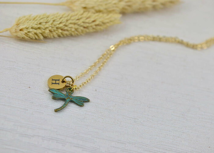 Patina Initials Dragonfly Charm Necklace, Gold Personalised Everyday Turquoise Charm Necklace, Gift for Her, Engraved Initial Drop Necklace