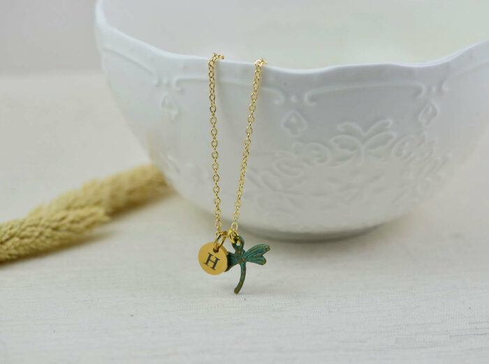 Patina Initials Dragonfly Charm Necklace, Gold Personalised Everyday Turquoise Charm Necklace, Gift for Her, Engraved Initial Drop Necklace