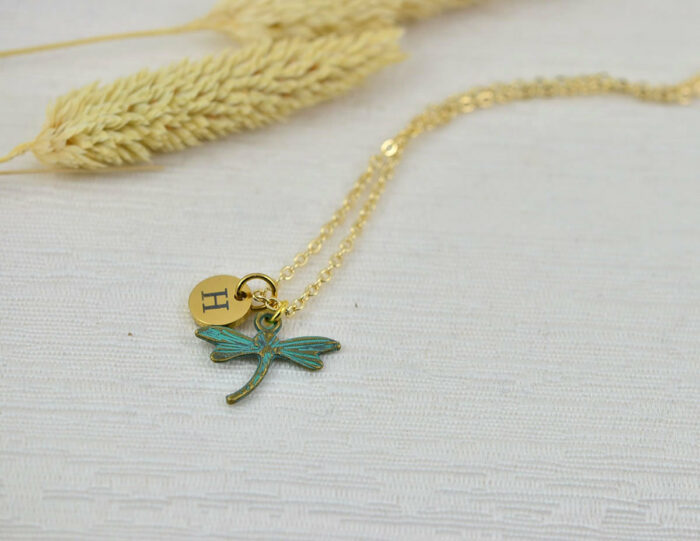 Patina Initials Dragonfly Charm Necklace, Gold Personalised Everyday Turquoise Charm Necklace, Gift for Her, Engraved Initial Drop Necklace