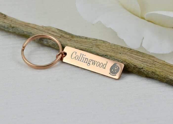 Personalised AFL Key Chain, AFL Footy Engraved Rectangle Bar Key Chains, Footy Teams Rose Gold Customised Charm Key Chains, School Name Tags