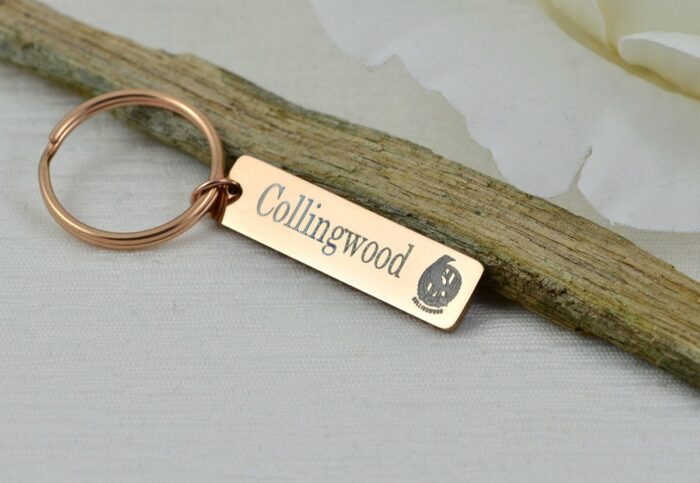 Personalised AFL Key Chain, AFL Footy Engraved Rectangle Bar Key Chains, Footy Teams Rose Gold Customised Charm Key Chains, School Name Tags