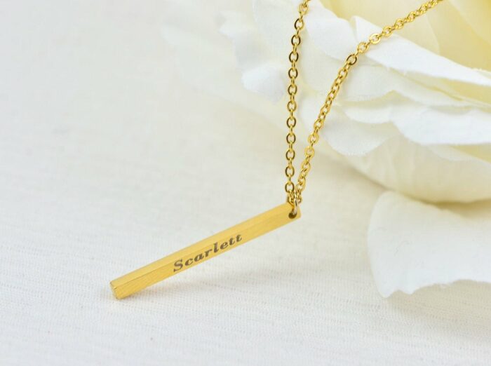 Personalised Bar Gold Name Necklace, Engraved Rectangle Necklace, Initials 3D Charm Bar Necklace, Customised Gold Stainless Steel Necklace