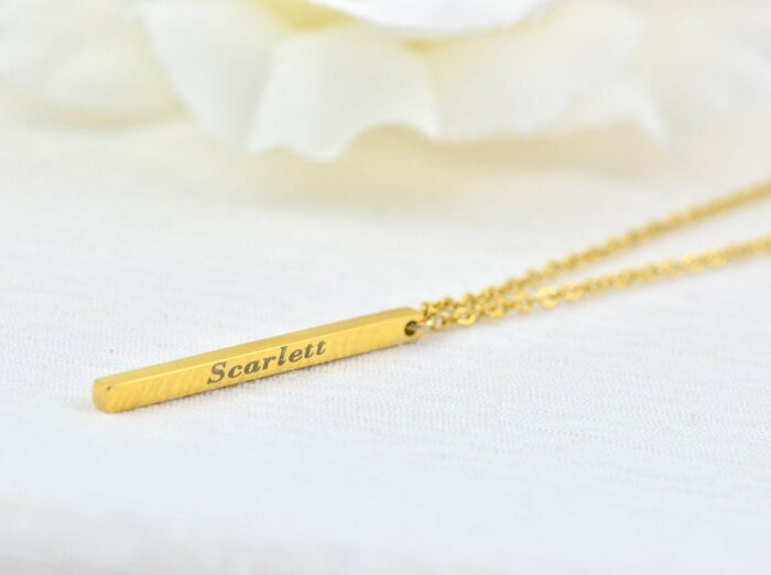 Personalised Bar Gold Name Necklace, Engraved Rectangle Necklace, Initials 3D Charm Bar Necklace, Customised Gold Stainless Steel Necklace