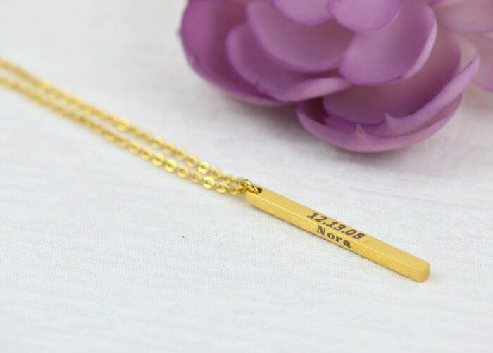 Personalised Bar Gold Name Necklace, Engraved Rectangle Necklace, Initials 3D Charm Bar Necklace, Customised Gold Stainless Steel Necklace